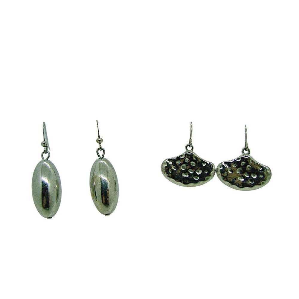 Lot of 2 Dangle Earrings Hammered & Puffy Bulb Designs 1" Fashion Silver Tone